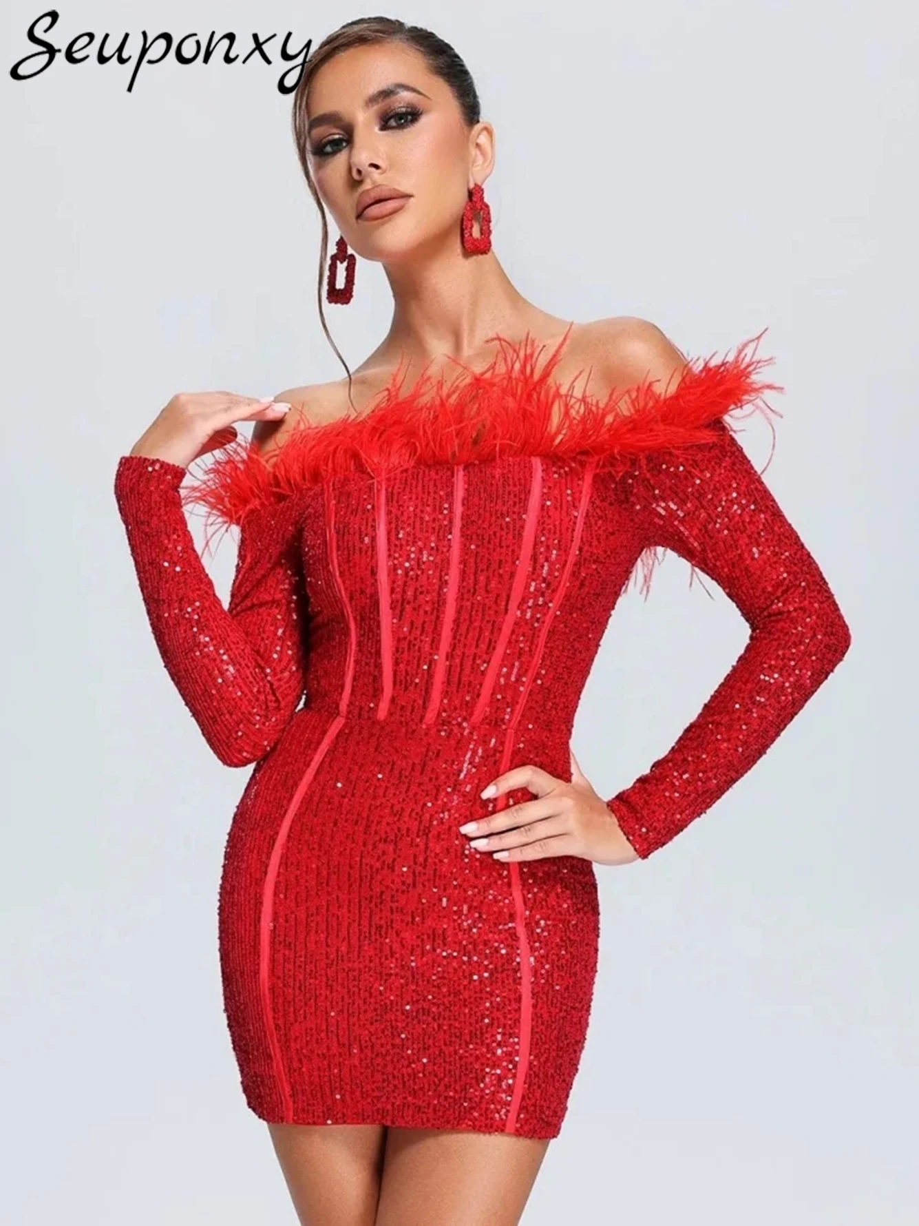 

High Quality Sexy Off Shoulder Feather Luxury Sequins Mini Women'S Dress Long Sleeved Elegant Evening Celebrity Runway Vestidos