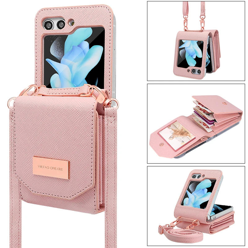 Vietao-Crossbody Cards Slot Leather Case for Samsung Galaxy Z Flip 6 5 4 3 Long Lanyard Pocket Wallet Z Flip 6 Phone Cover, Pink