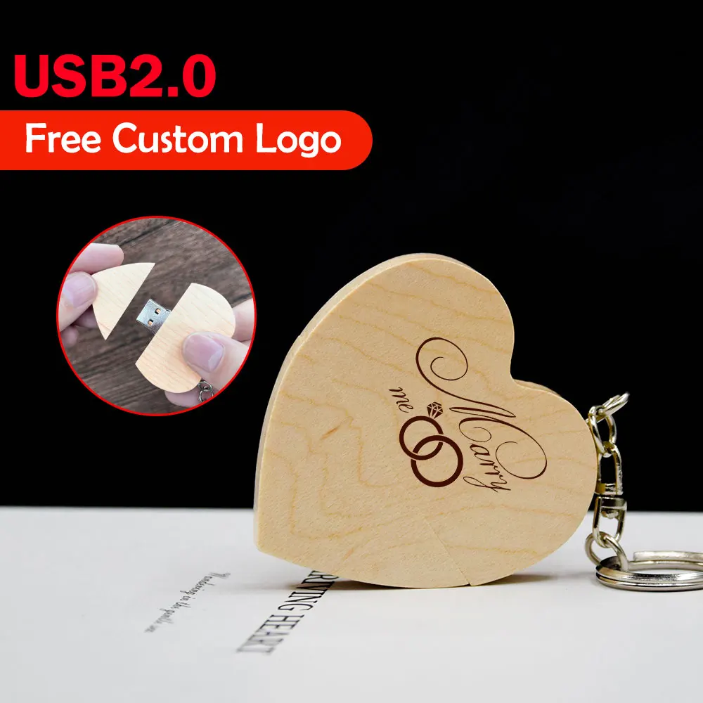 （Free Custom LOGO) USB Flash Drives 64GB Wooden Heart + Box Pendrives 32GB Wedding Gifts USB 2.0 Memory Stick 16GB 8GB 4GB