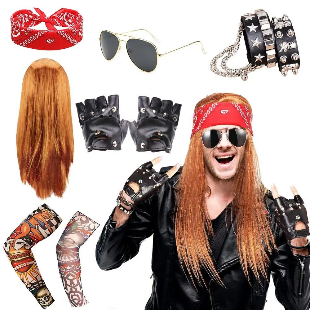 Rock Star 80s Heavy Metal Costume Accessories Halloween Disco Rock Fantasy Costume Wig Bandana Sunglasses Skull Bracelet Gloves