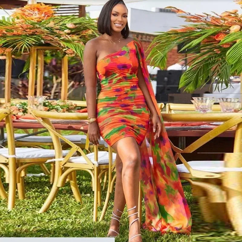 

GUWU Tie Dye Printed Ruched Stacked One Shoulder Stream Clock Sleeve Bodycon Midi Dress Women Sexy Party Dresses Vestido