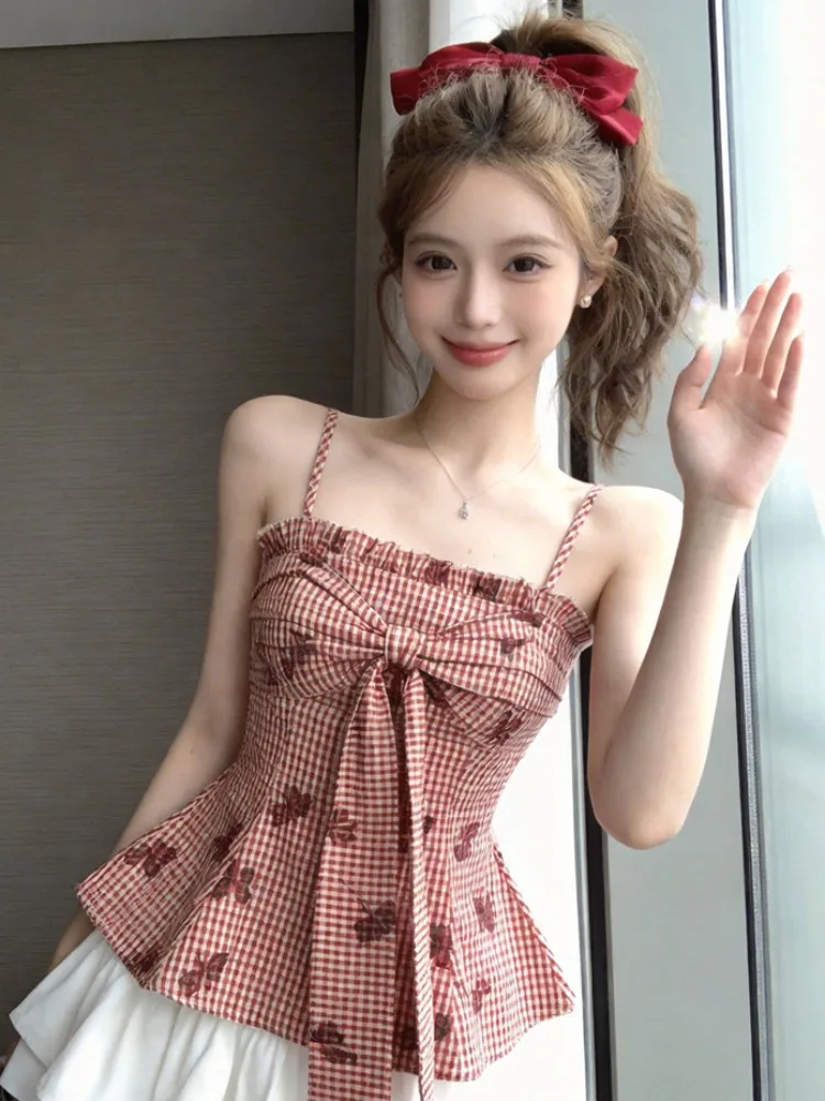 

Sweet Retro Print Short Strapless Vest Women's Summer New Plaid Knot Personality Top Linen Material Citywalk Suitable