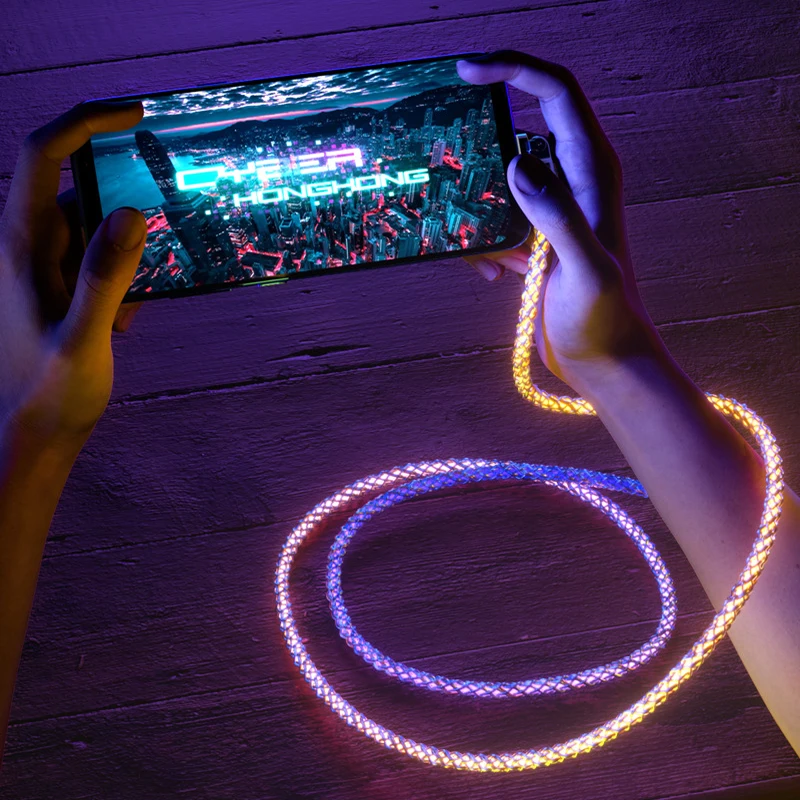 6A 180 Rotate RGB Flow Luminous USB Charging Cable Type C Android Phone Cable For Samsung S10 S20 Xiaomi Mi 11 Data Charger Wire