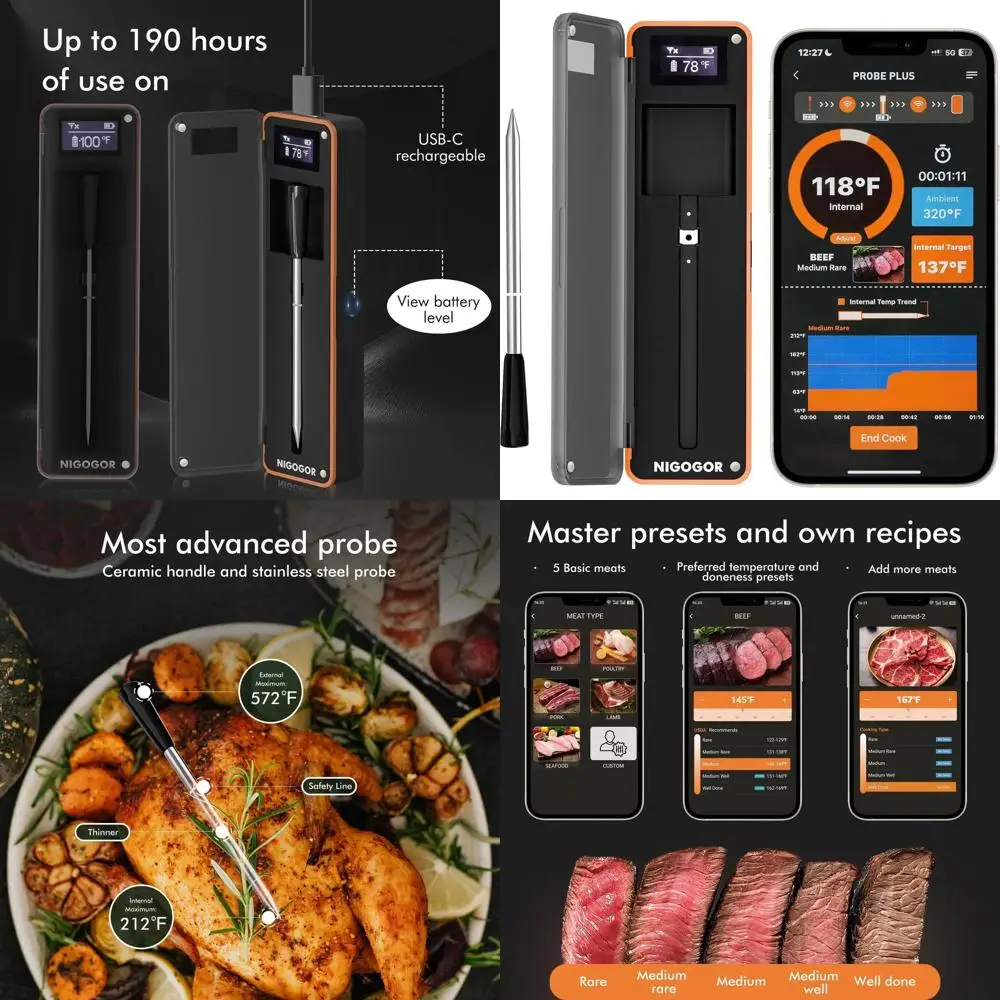 

Ultra-Slim Bluetooth Meat Thermometer with Magnetic Probe, Real-Time Temperature Monitoring for BBQ and Grilling, Compatible wit