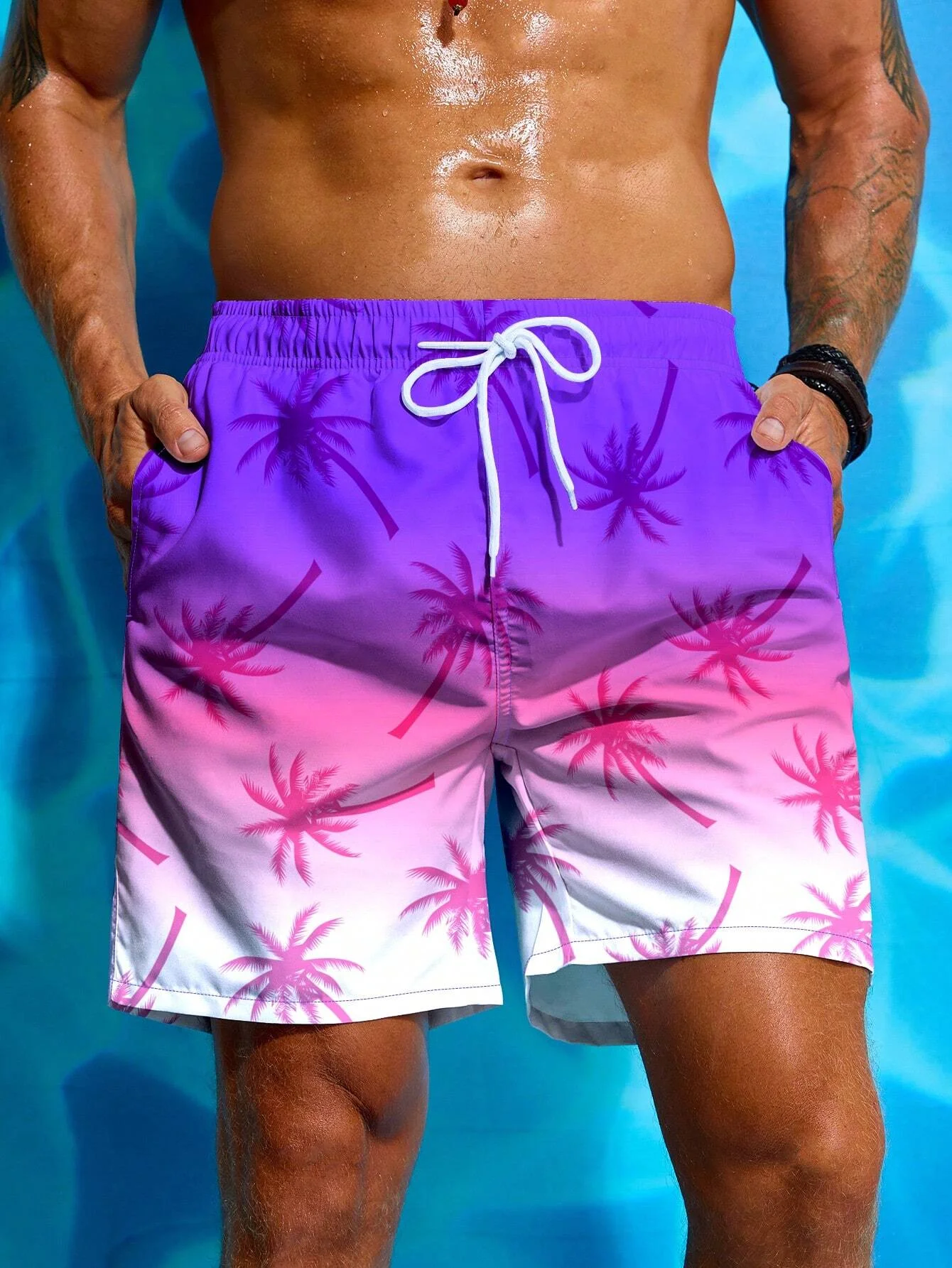 Drawstring Men\'s Beach Short Men\'s Swim Trunks Elastic Waist 3D Print Palm Tree Gradient Breathable Short Streetwear Polyster