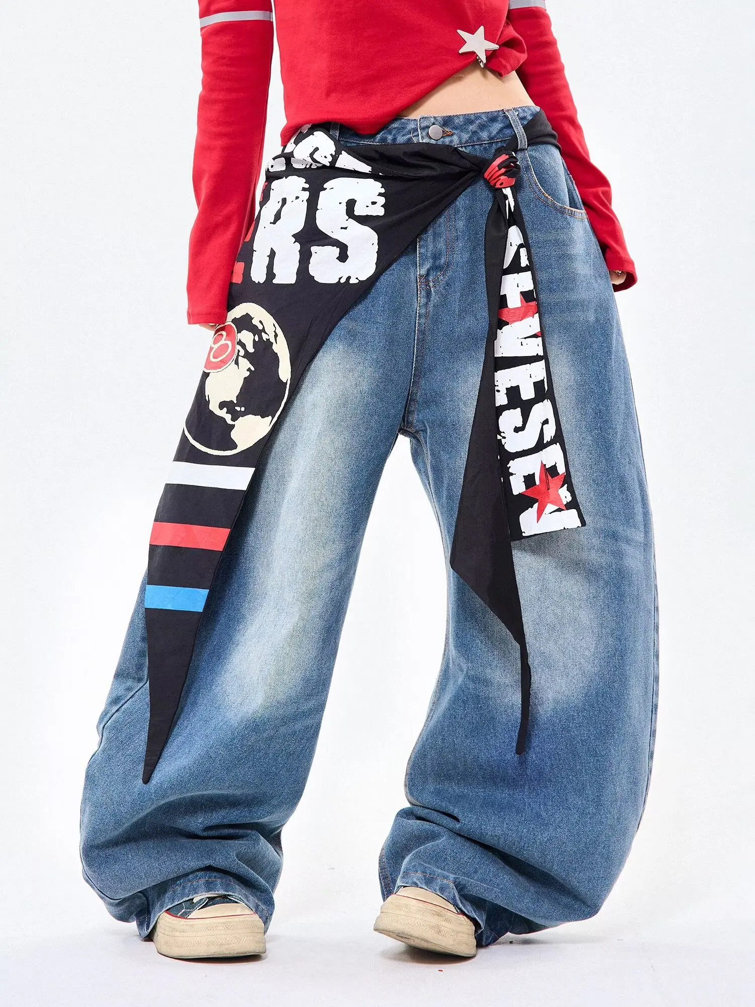 

CHIC High Street Japanese Retro Baggy Jeans Loose Denim Pants Women or Men Contrast Color Wide Leg Trousers Trendy Streetwear