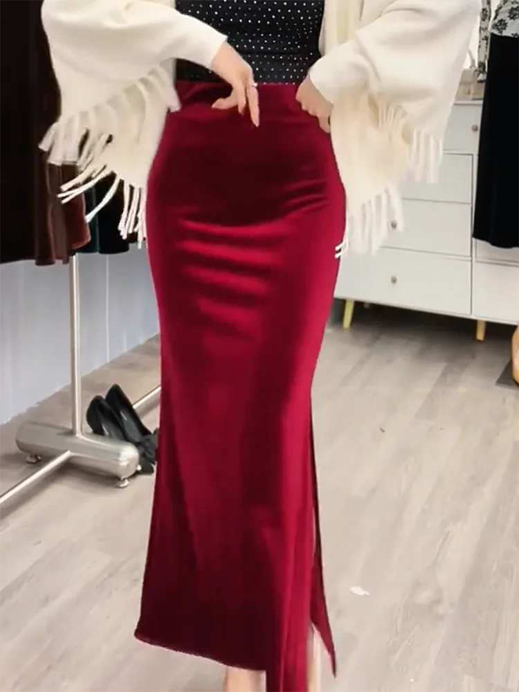 Wine Red Velvet Half Skirt Lazy Side Split Design Simple Wrap around Fish Tail Skirt Autumn Winter New Style Commute Korean S... view 5