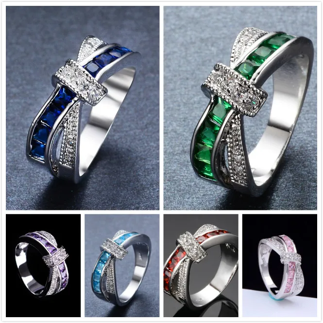 Gorące pierścionki z diamentami ze srebra próby 925 dla kobiet Kolorowa cyrkonia rozmiar 6/7/8/9/10 elegancka moda para Biżuteria na prezent ślubny