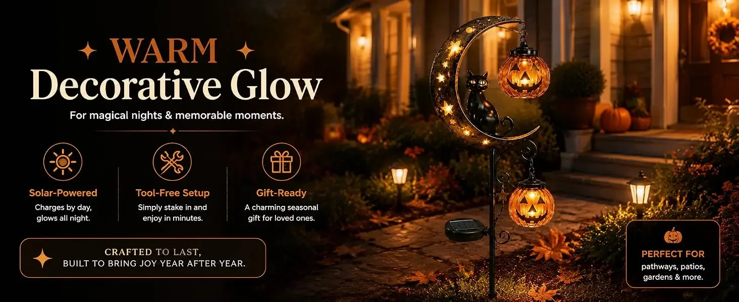 Solar Halloween Black Cat &amp; Pumpkin Moon Garden Stake Light, Outdoor Waterproof LED