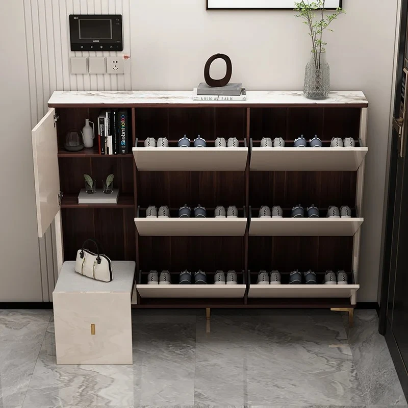 Tipping bucket shoe cabinet household door locker aisle space saving seat integrated solid wood storage cabinet entrance