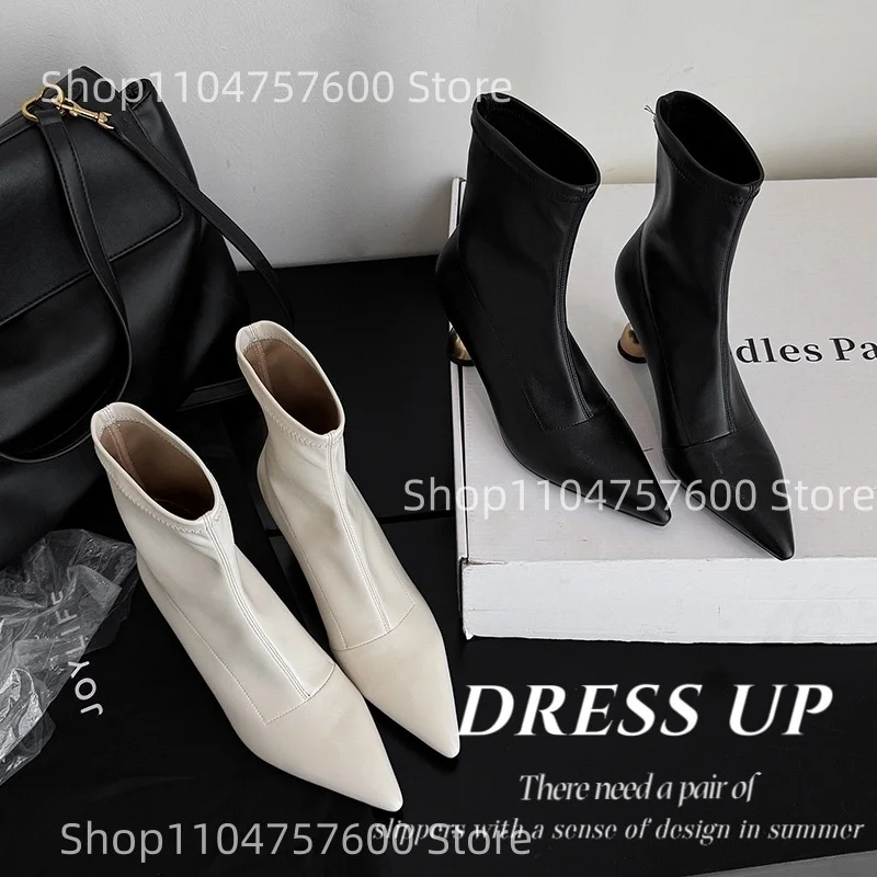 Botines de cuero negro con punta estrecha para mujer, botines elegantes con tacón en forma de campana dorada, botas formales de lujo para fiestas de otoño