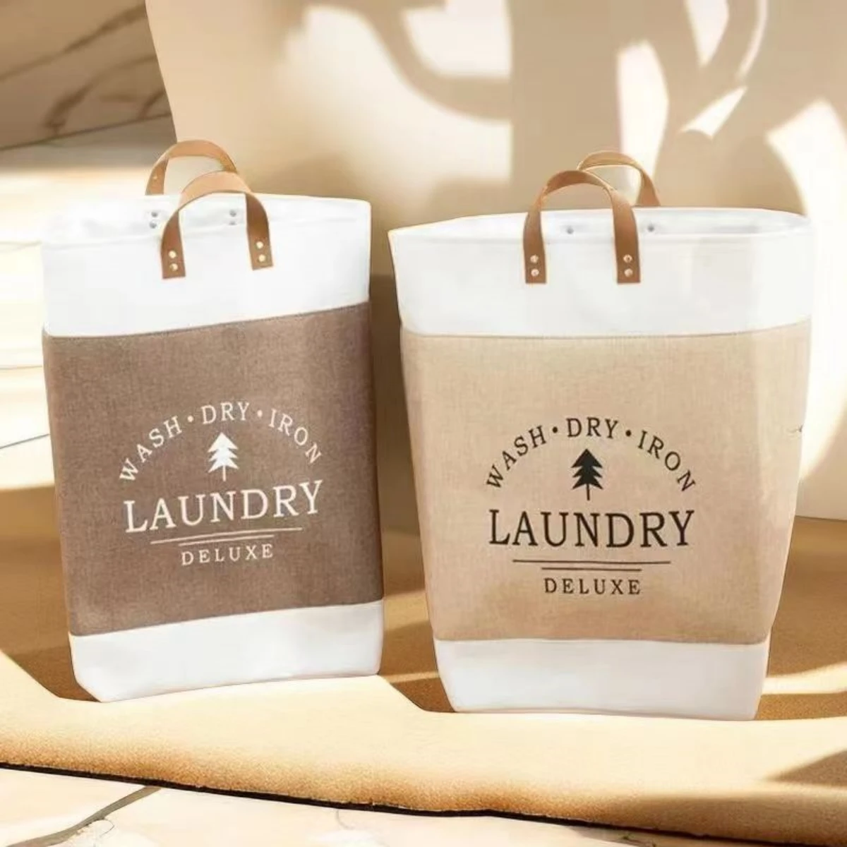 1PCS Linen Clothes Patchwork Letter Printing Collapsible Laundry Basket with Leather Handles for Storage Toys and Clothing