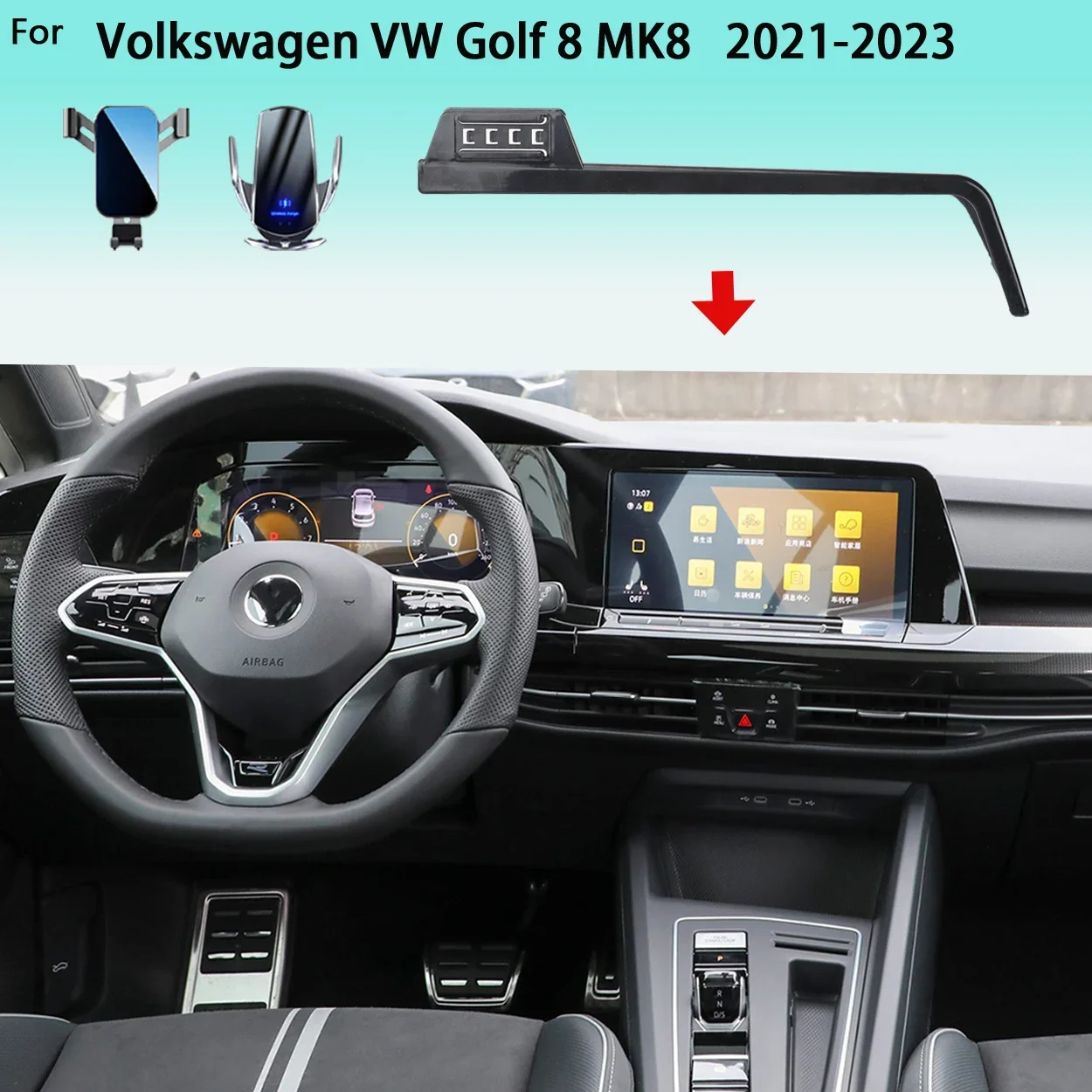 

Car Phone Holder For VW Golf 8 MK8 2021-2023 8.3/10" Screen Mobile Phone Support Car Mounts 15W Wireless Charging Accessories