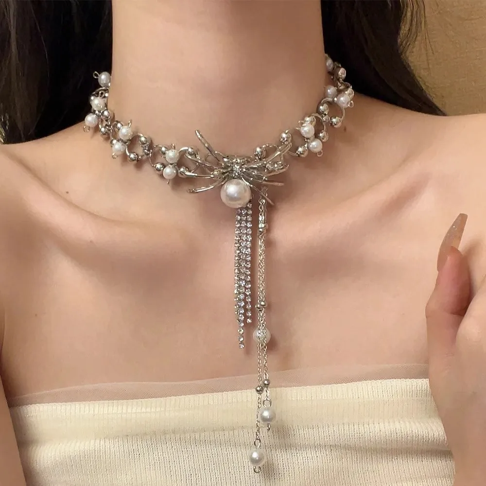 

Pearl Spider Necklace, Unique Tassel Choker, Edgy Gothic Aesthetic Jewelry, Trendy Statement Piece for Women