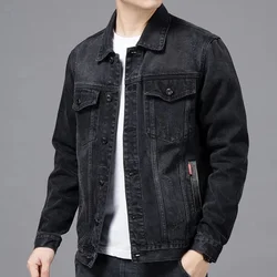 Chaqueta vaquera negra para hombre, ropa de calle informal Vintage de manga larga, Top de moda con cuello vuelto, abrigo suelto, chaqueta vaquera