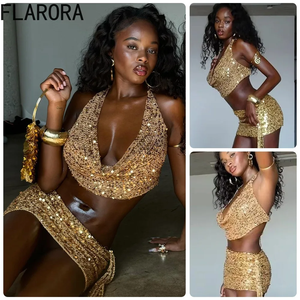 

FLARORA Sexy Chic Sequined 2 Pieces Sets Woman Deep V-neck Slim Crop Tops And Tassel Skirts Outfits Trend Party Clubwear Suits