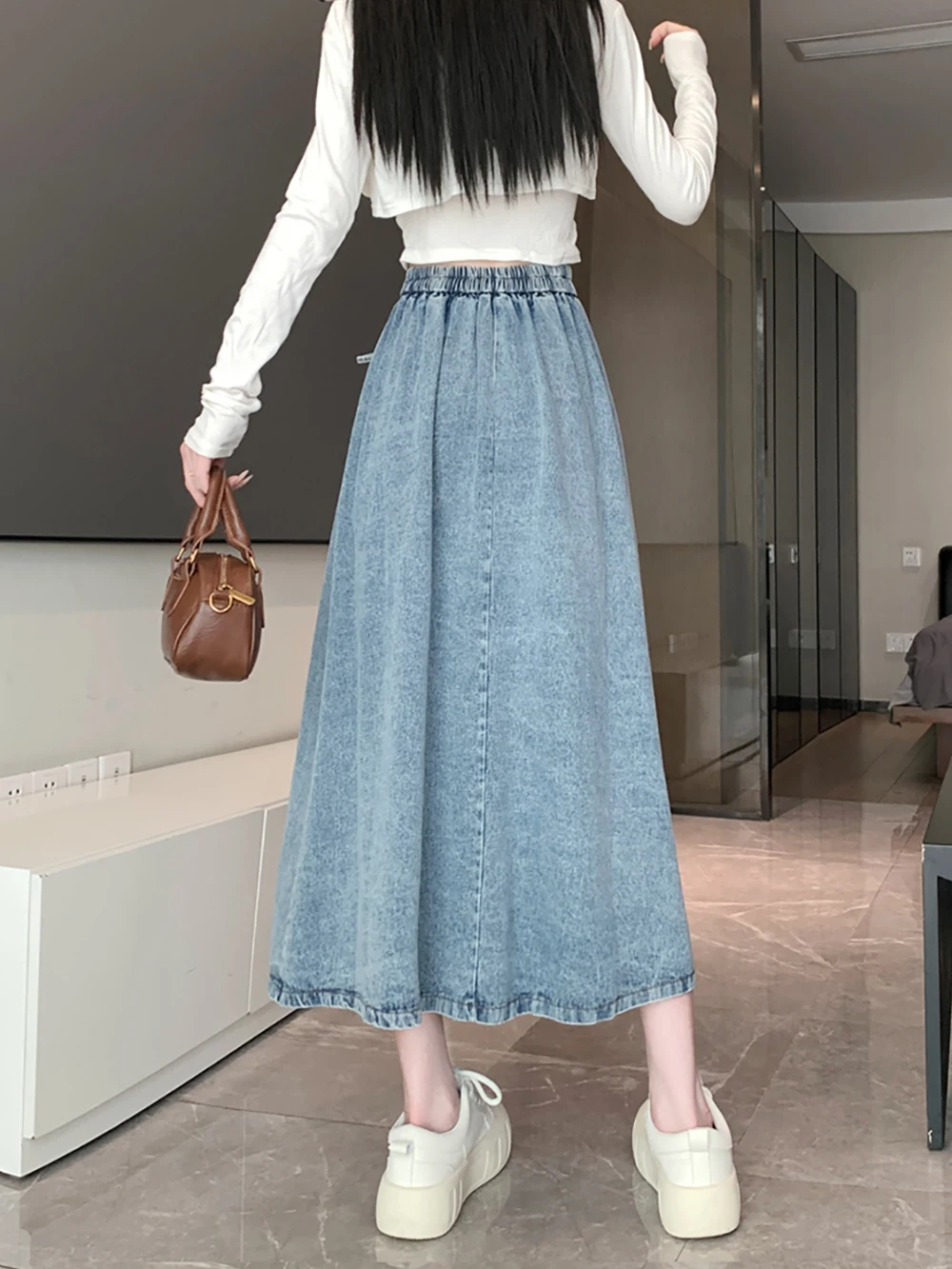 Fashion Women\'s Denim Skirt 2024 Summer New Single-Breasted High-Waist Slim A-line Long Skirts Female Elastic Waist Lac-up Skirt