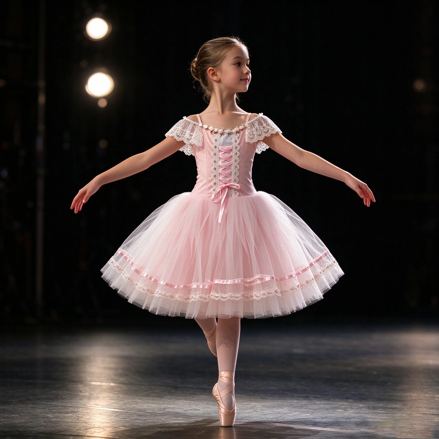 Girls Pink Romantic Ballet Tutu Dress Off Shoulder Lace Floral Decor Kids Ballerina Layered Tulle Skirt Children Stage Recital