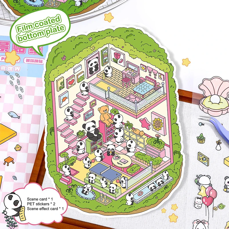 1Set Cartoon Miniature Scene Landscape Stickers DIY Pocket Cabin Scene Game Stickers Hand Account Decorative Stickers Gifts