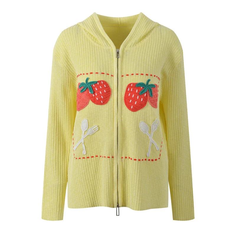 

CHUJIE Fall 2025 Милый кардиган с капюшоном и вышивкой, мягкий вязаный свитер на молнии спереди, уютная накидка свободного покроя