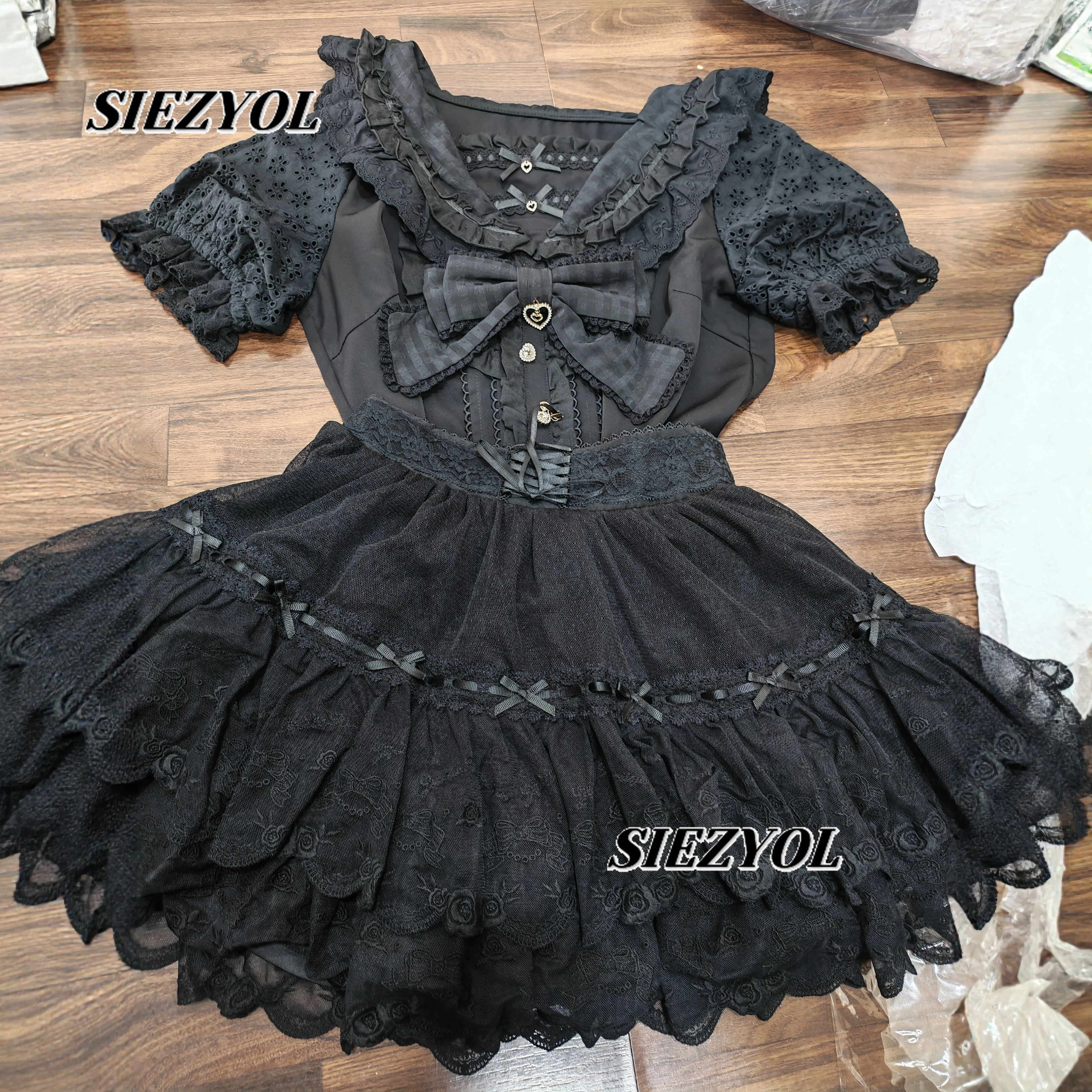 Liz Sweet Bow Lace Lolita Mass-produced Short Skirt Versatile Mini Gauze Skirts Summer Off-the-shoulder Short-sleeved Top Set