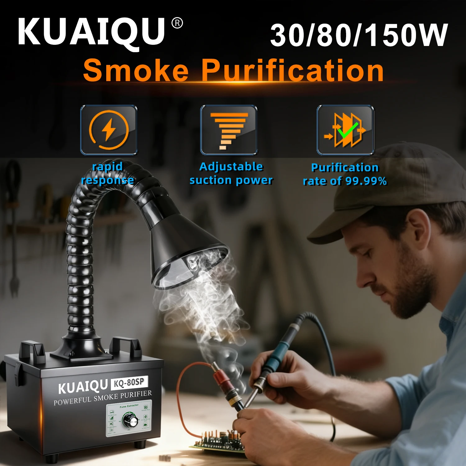 KUAIQU Rauchabsauger 30W 45W 80W 150W Lötrauchgerät H13 HEPA 3-Stufen-Aktivkohlefilter-Schwamm für Schönheitspflege 3D-Drucker PCB-Lötstation Flussrauch-Entfernung Lasergravur Werkstatt Einstellbarer