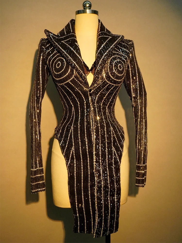 

New evening dress sequins black 3 pieces set sexy party club DS birthday outfits for women stage performance drag queen costumes