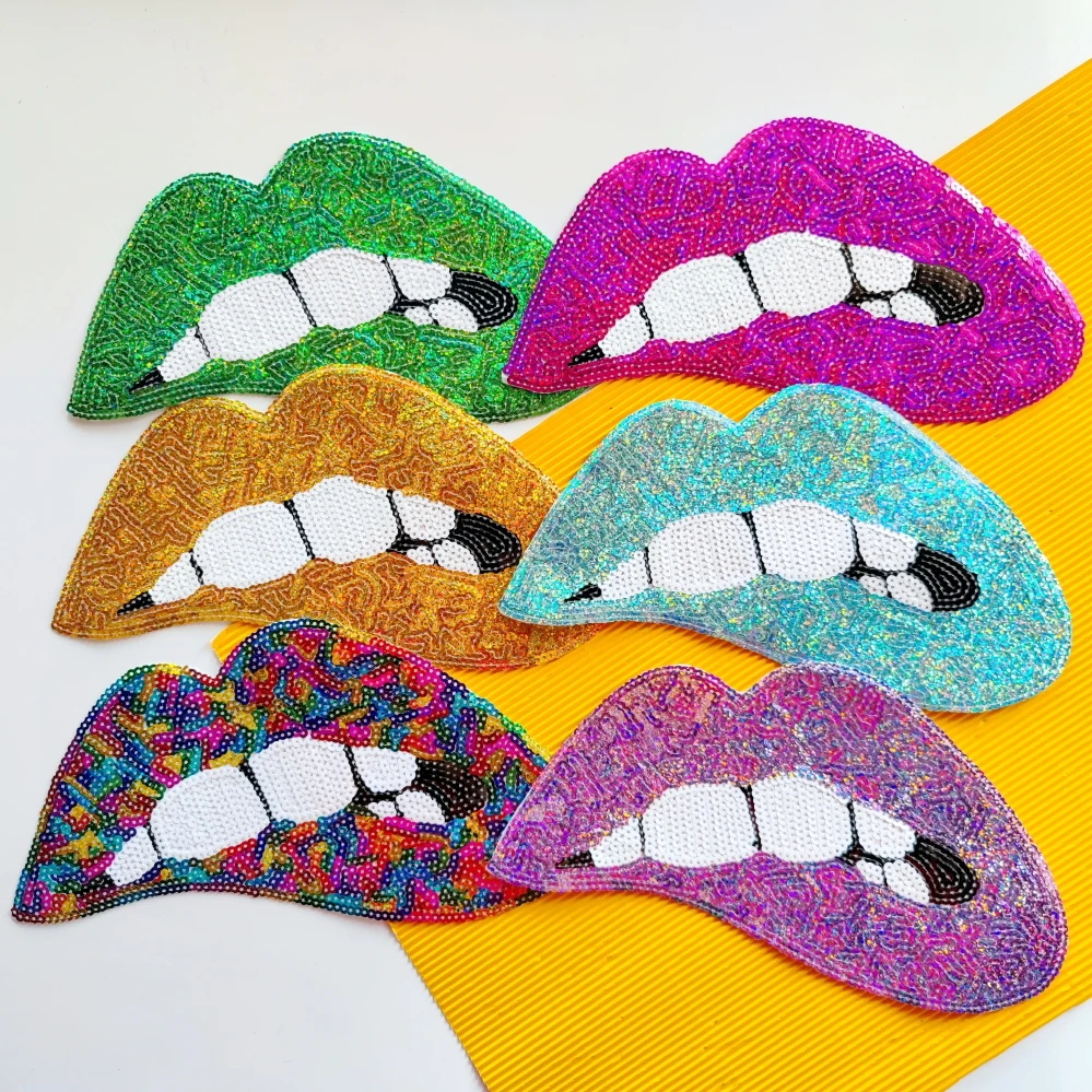 Embroidery Big Sequined Mouth Patch,embroidered Leopard Lips Appliques Badges,sequins Patches for Clothing PW227283