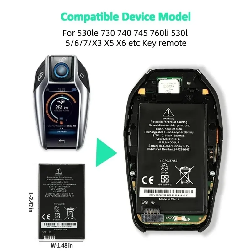 MKD35UP 3.7V 580mAh 2.14Wh LCD Display Key Battery For BMW 5 6 7 Series GT X3 X4 X5 X6 i8 530Le 730 740 Smart Remote Car Key Fob