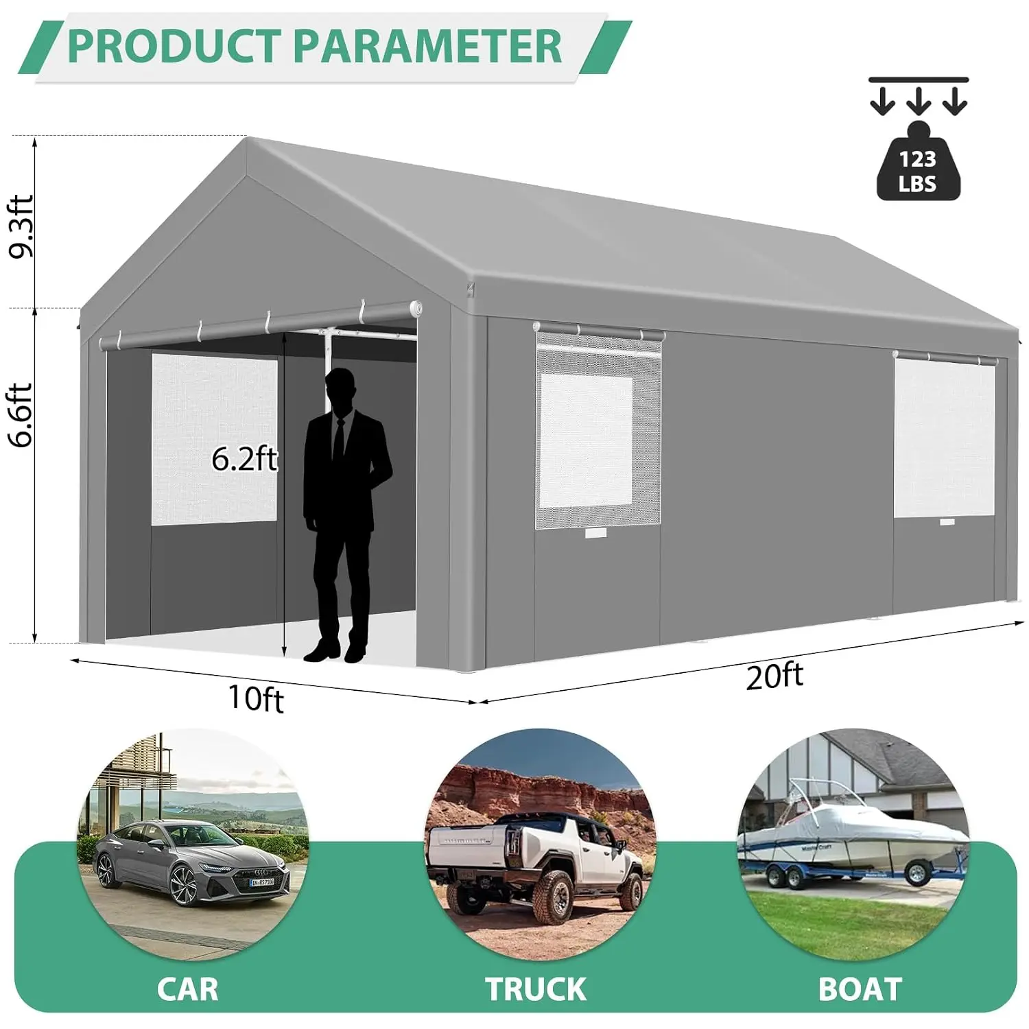 Heavy Duty Carport Shelter 10'x20' Powder Coated Frame Waterproof Removable Sidewalls Windows Sandbags Car Boat SUV, Customized
