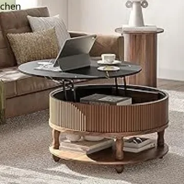 Brown Adjustable Round Coffee Table Multifunctional Liftable
