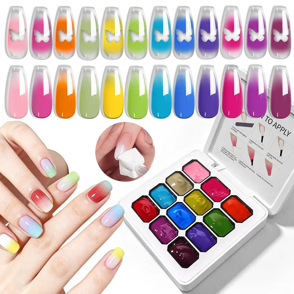 12 Colors Gradient Color‑Changing Solid Nail Gel Palette,Temperature‑Gradient UV LED Curing Nail Art Gel for DIY Manicure