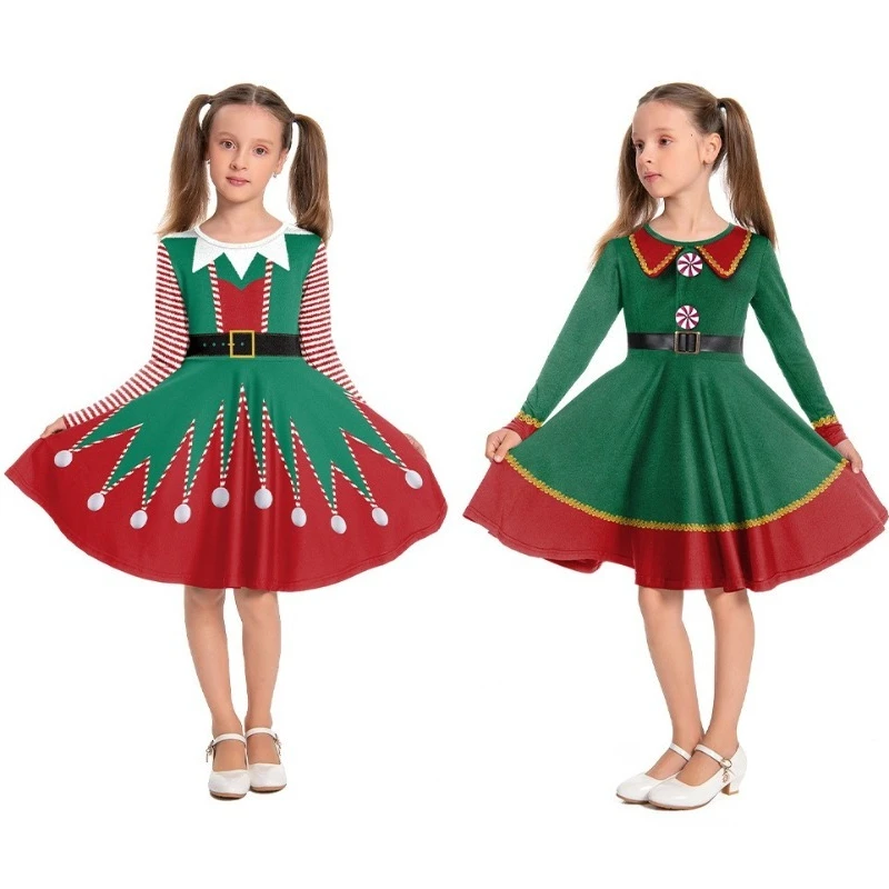 

Girls Christmas Print Dress Long Sleeve Holiday Fashion Princess Dress Children Christmas Party Holiday Fashion Elegant Dress