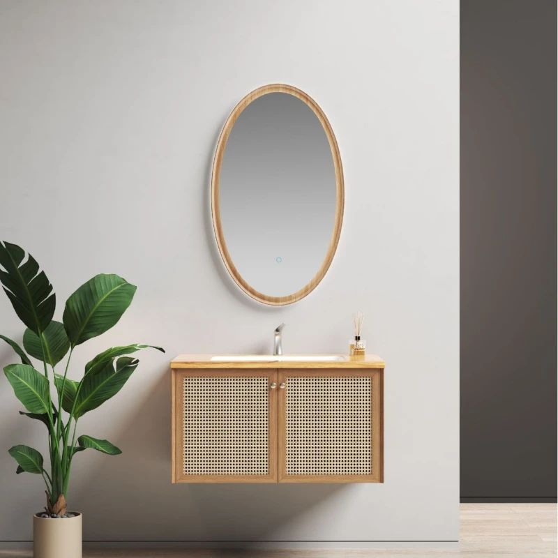 

Retro solid wood board bathroom cabinet teak grain rock slab seamless splicing basin cosmetic mirror household bathroom cabinet