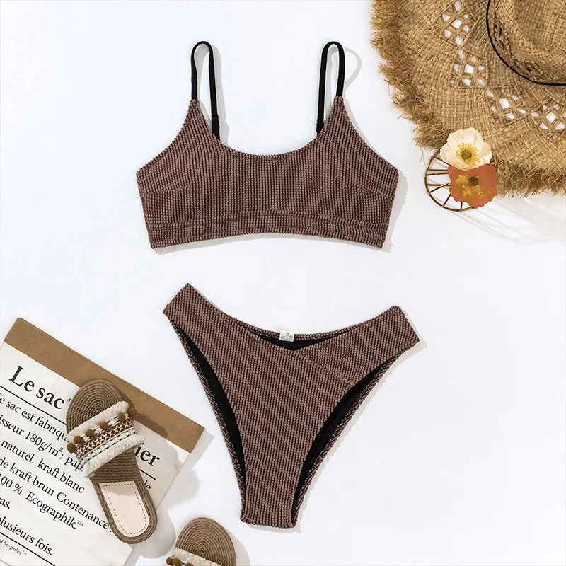 Sexy Vest Type Bikini Push Up Swimwear Ribbed Bandeau Swimsuit Women Solid Color Beach Wear Bathing Suit Bather Maillot De Bain