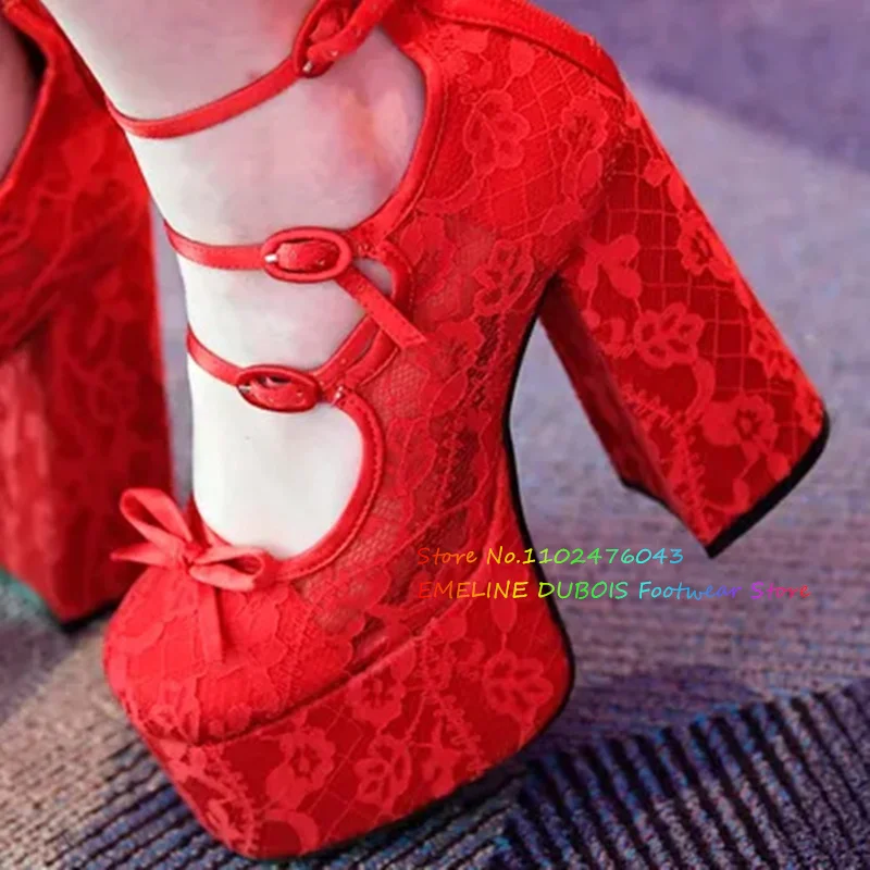 Red Mesh Lace Flower Sandals Women Round Toe Platform Buckle Strap Hollow Chunky Heels Bowknot Elegant Party Dress Shoes