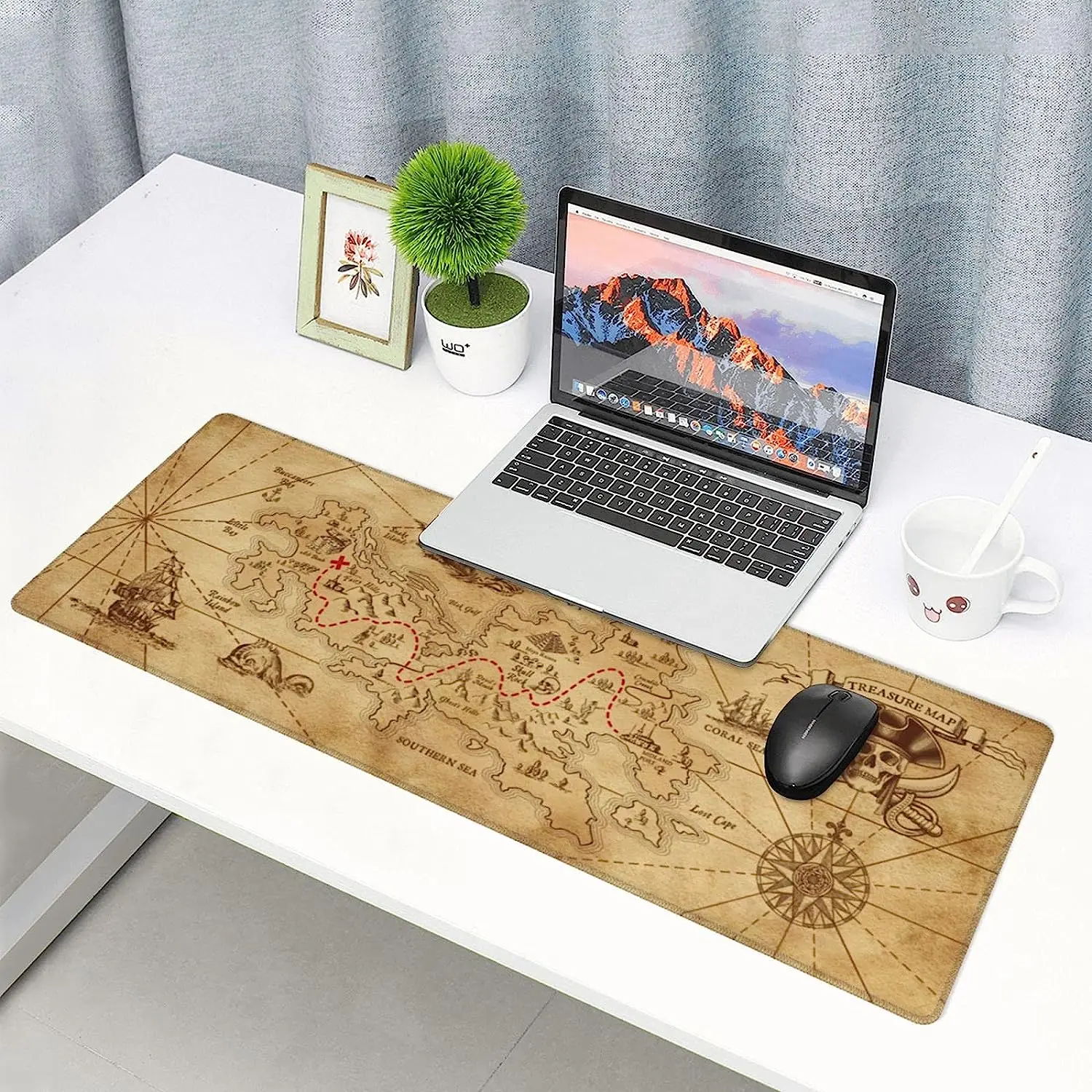 Pirate Ship Treasure Map Gaming Mouse Pad Long  Mousepad Desk Pad Large Nonslip Rubber Mice Pads Stitched Edges 31.5'' X 11.8''