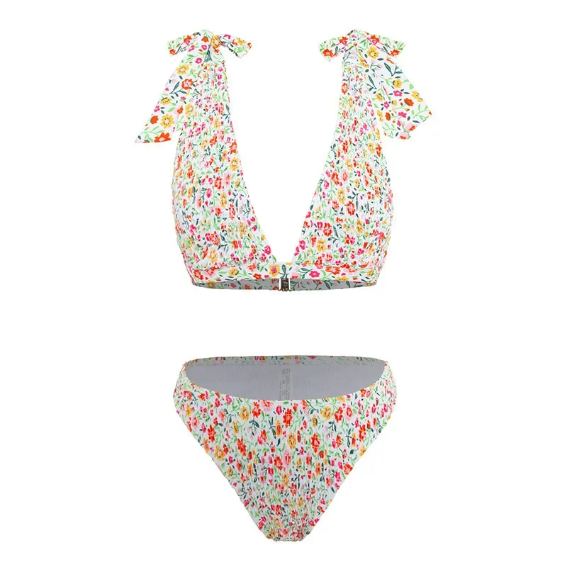 sexy floral print wrinkled bow tie bikini sets two pieces 2024 women thong swimsuit female bathing suit swimwear biquini