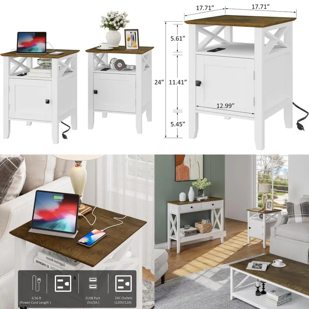 Pair of White Farmhouse Style Nightstands with Charging Station, 17.8