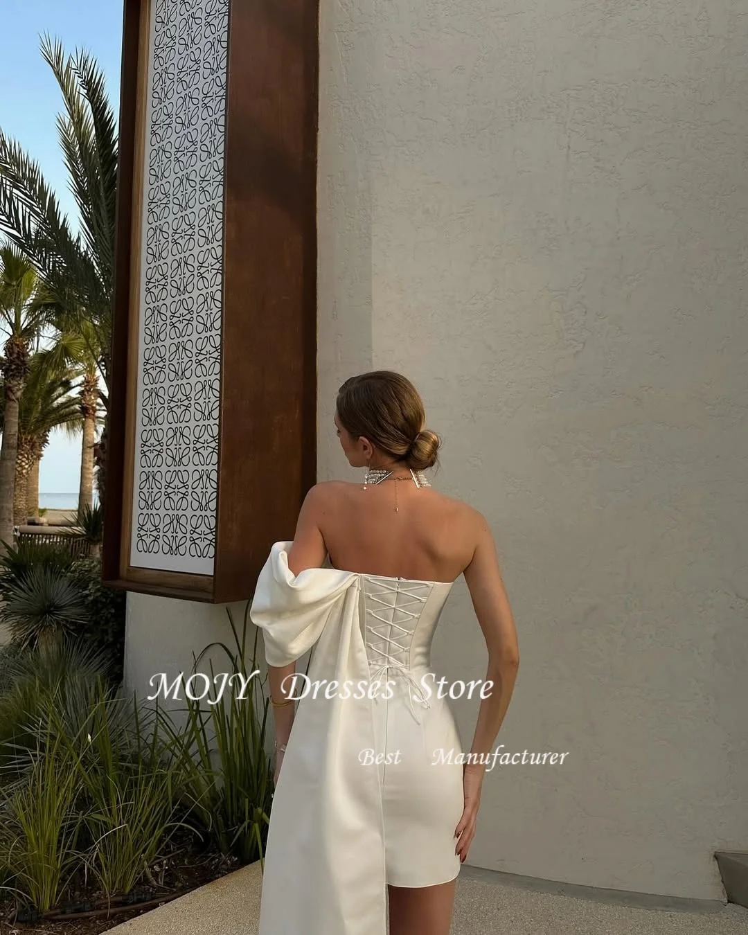 Mojy Maßgeschneidertes One-Shoulder-Schatzkleid mit asymmetrischen Falten und Satin-Etui, Mini-Hochzeitskleid mit Reißverschluss hinten über dem Knie