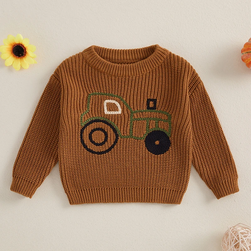 2024-07-09 Lioraitiin Autumn Girls Boys Knit Sweater Long Sleeve O Neck Truck Embroidery Pullover Knitwear