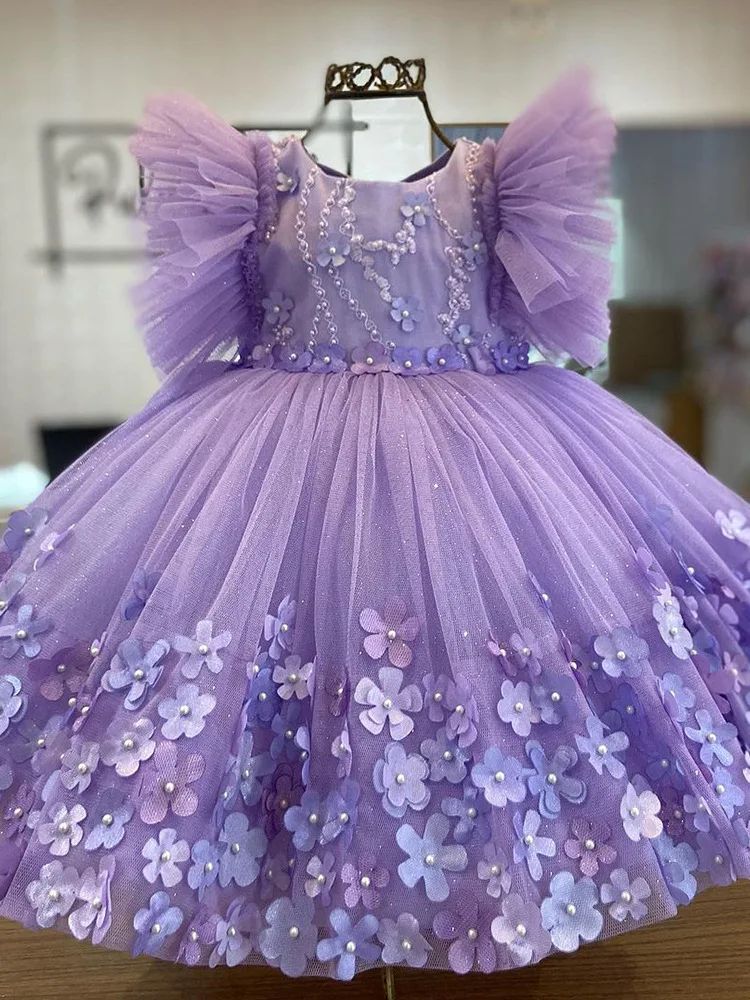 Vestido de niña de flores para boda, vestido de tul con apliques 3d, cuello redondo, morado hinchado, lazo, fiesta de cumpleaños de princesa para bebé, vestidos de baile