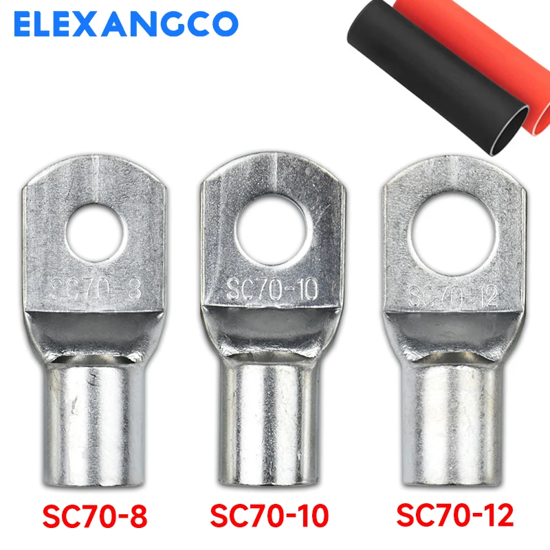 5Pcs S70-8/10/12 Tinned Copper Cable Lugs Heavy Duty Wire Ends Battery Ring Crimp Terminals Connectors With Heat Shrink Tubing