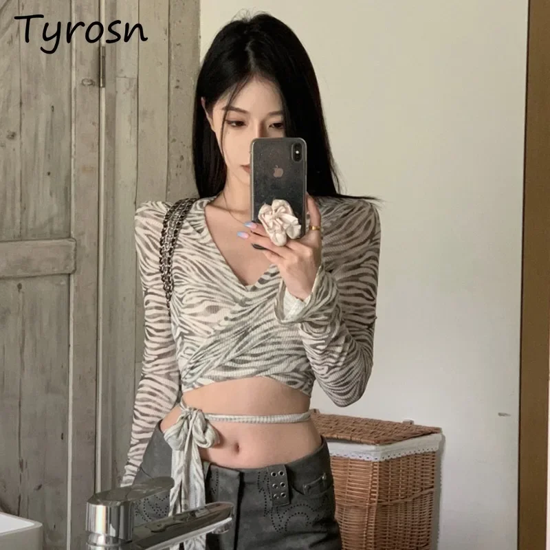 Long Sleeve T-shirts Women Zebra Striped Lace Up Design American Style Sunscreen V-neck Summer Sexy Crop Tops Trendy Streetwear