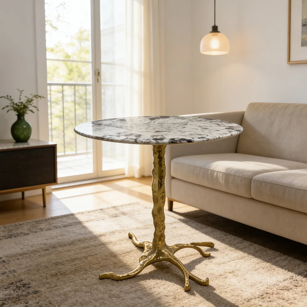 

mnLuxury Brass Marble Corner Table Round Side Table for Living Room High-End Furniture Art Decoration Customization*