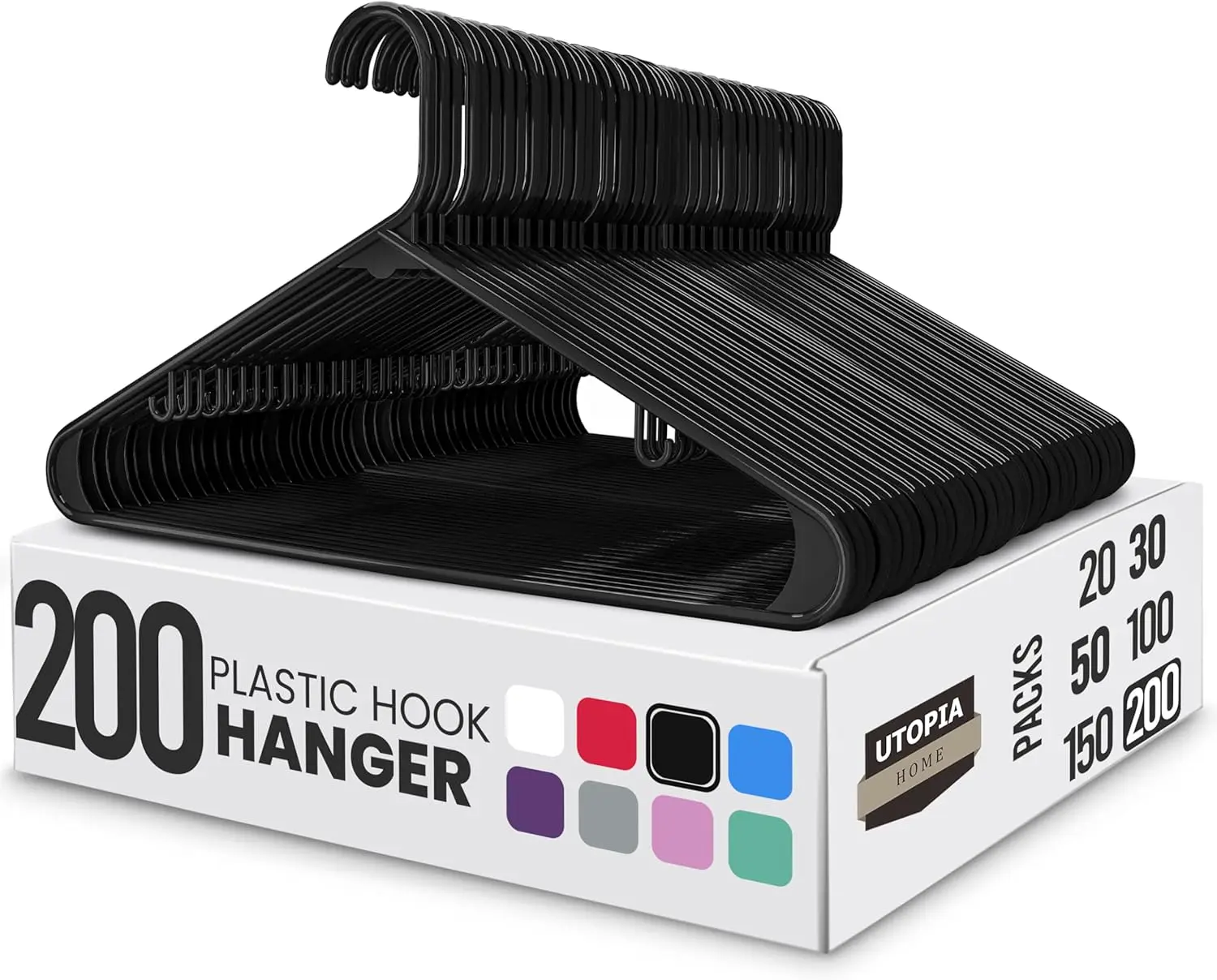 

200 Pack Plastic Clothes Hangers with Hooks - Durable Space Saving Black Garment Organizer