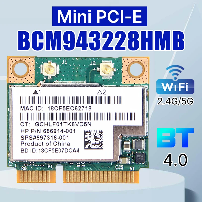 

300M Mini PCIe Wireless Card Bluetooth 4.0 BCM943228HMB Dual Band 2.4+5G 802.11a/b/g/n For Lenovo E130 E135 E330 E335