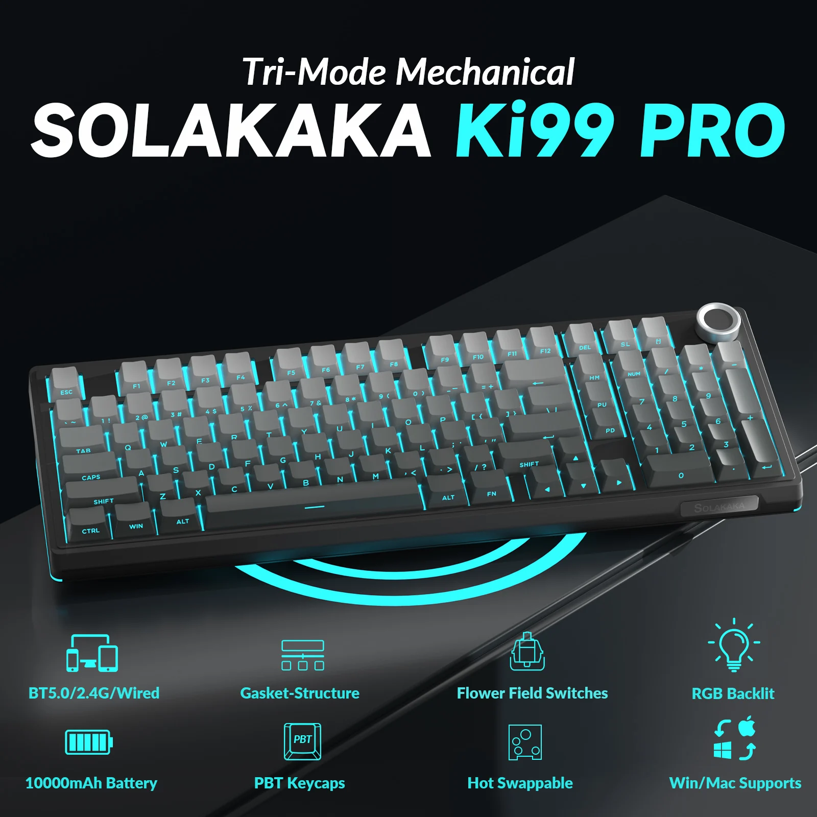 SOLAKAKA Ki99 Pro لوحة مفاتيح لاسلكية تعمل بالبلوتوث 99 مفتاحًا حشية ثلاثية الوضع مبادلة ساخنة RGB لوحة مفاتيح ألعاب كريمية مخصصة 10000 مللي أمبير في الساعة