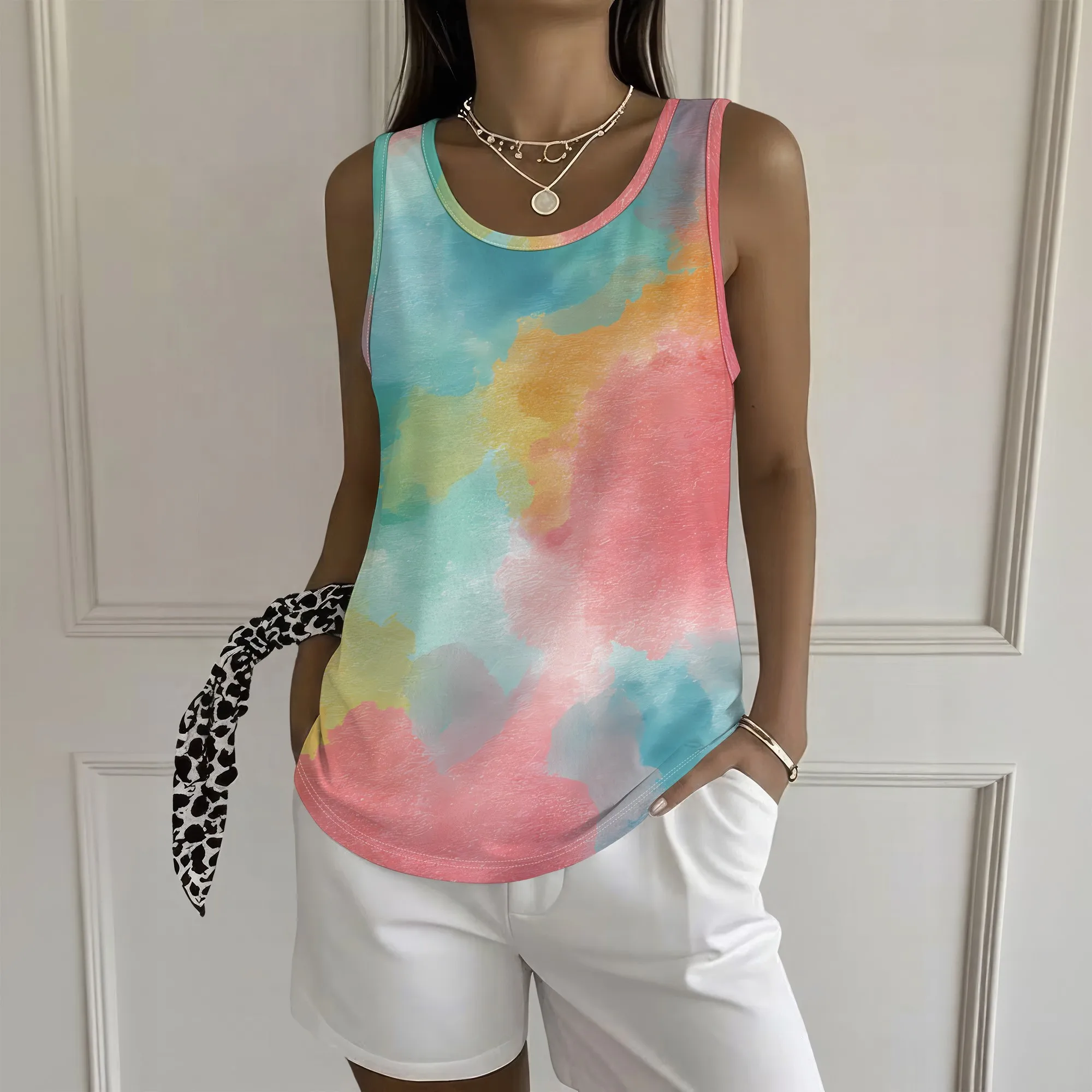 Pastel Tie Dye Tank Top Colorful Watercolor Print Blouse Soft Sleeveless Summer Shirt for Women Casual Beach Vacation Wear