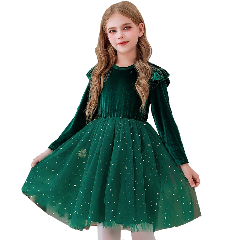 

Girls Long Sleeve Christmas Clothing Party Green Star Mesh Dress Princess Dress Stage Performance Clothing Children's Cosplay